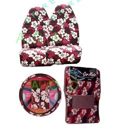 - 	 9 Piece Hawaiian Auto Interior Gift Set - Red Hawaii Hibiscus Floral print: 2 Front Bucket Seat Cover, Steering Wheel Cover, 2 Shoulder Harness Pressure Relief Cover, 2 Front Floor Mat and 2 Rear Floor Mat - Re