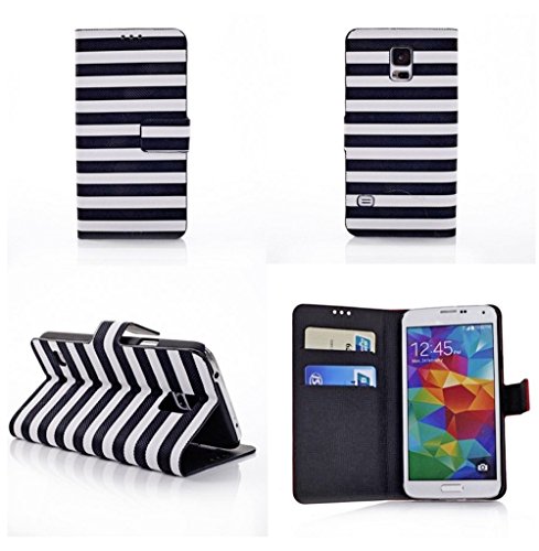 myLife Leather Jacket Black + Sharp White Stripes - Modern Design - Koskin Faux Leather (Card, Cash and ID Holder + Magnetic Detachable Closing) Slim Wallet for NEW Galaxy S5 (5G) Smartphone by Samsung (External Rugged Synthetic Leather With Magnetic Clip + Internal Secure Snap In Hard Rubberized Bumper Holder)