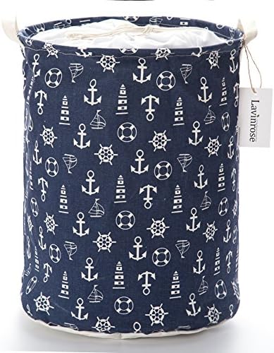 Lavinrose Foldable Large Cylindric New Hook Pattern Canvas Fabric Storage Bin Storage Basket Organizer, Laundry Hamper for Blouse T-shirt Underwear etc