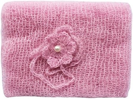 Bingbon Newborn Baby Photography Prop Mohair Crochet Knit Wrap Blanket with Flower Headdress Headband (Pink)