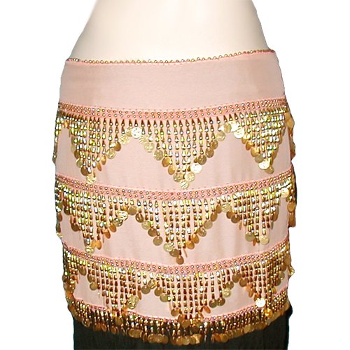 Light Coral Rectangular Hip Scarf/Belt with Gold Beads and Gold Coins