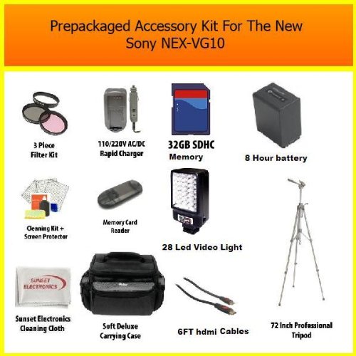 Professional Sony NEX-VG10 Ultimate 32GB Accessory Package Kit Includes 32GB High Speed Memory Card, Card Reader, Professional LED Video Light, 72 Inch Pro Tripod, Extra Large Carrying Case, 8 Hour Extended Life FV100 Batery Pack, Rapid AC/DC Charger, 67MM Pro HD Filter Kit, HDMI Cables + More Professional Sony NEX-VG10 Ultimate 32GB Accessory Package Kit Includes 32GB High Speed Memory Card, Card Reader, Professional LED Video Light, 72 Inch Pro Tripod, Extra Large Carrying Case, 8 Hour Extended Life FV100 Batery Pack, Rapid AC/DC Charger, 67MM Pro HD Filter Kit, HDMI Cables + More