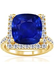 18K Yellow Gold Cushion Cut Blue Sapphire Ring With Sidestones (GIA Certificate)
