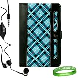 Stylish Blue Checker Plaid Melrose Leather Case and Accessory Earphones with Mic for (Amazon) Kindle 3 + Live * Laugh *Love VanGoddy Wrist band!!!