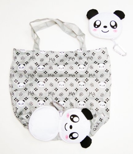 Reusable Shopping Tote Bag - Folded into a Panda Face - Black