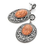 Oval Pierced Fashion Earrings Burnt Silver & Coral