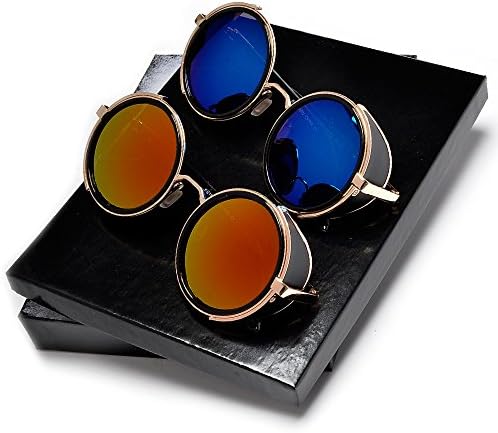 80's Retro Steampunk Inspired Fashion Round Blinder Colorful Reflective Mirrored Sunglasses (2 Pack Midnight-Orange)