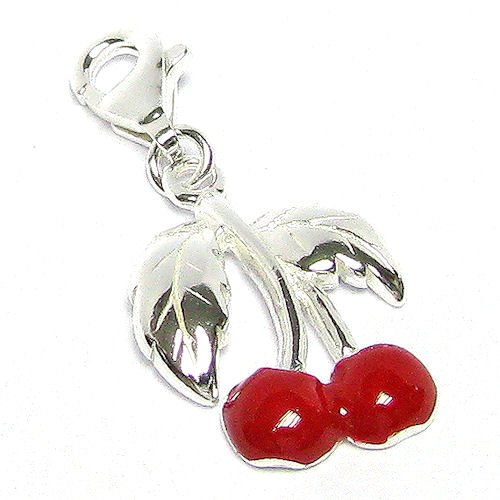 Valentines Gifts Enamel Sterling Silver Red Cherry Fruit Dangle Charm Pendant For European Style Clip On Charm