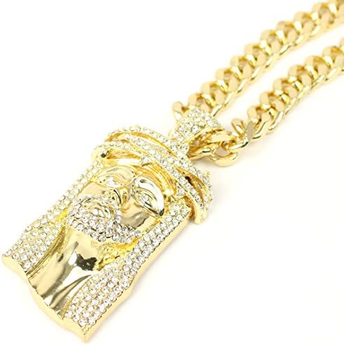 Rappers Bling Iced Out Gold color Large Jesus Face Pendant Cuban Chain | HC-6003