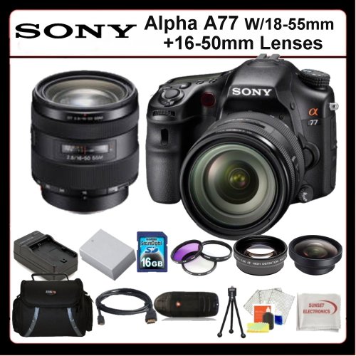 Sony Alpha A77 Kit Includes: Sony Alpha A77 Digital Camera with 18-55mm and 16-50mm Lenses, 2x Telephoto Lens, 0.45x Wide Angle Lens, 16GB SDHC Memory Card, Memory Card Reader, 3 Piece Filter Kit (UV-CPL-FLD), Extended Life Battery, Rapid Travel Charger, HDMI Cable, LCD Screen Protectors, Table Top Tripod SSE Microfiber Cleaning Cloth and Soft Carrying Case