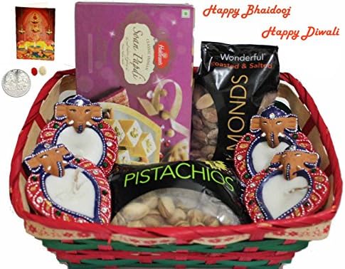 Diwali/Bhaidooj Gift Hamper - Haldiram Soan Papdi, Almonds, Pistachios and 4 Diya in a Beautiful Basket