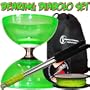 Diabolo Cyclone "Quartz" (Vert) - Triple Roulement, Moyenne, avec Diablo Baguettes en Aluminium, et "SLIDE PRO" 10m Ficelle Diabolos + Sac de Transport