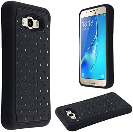 Hard &amp; Soft Sturdy Hybrid Gel Rhinestone Bling Diamond Armor Defender [ Anti Scratch ] Case Cover+lcd screen protector for Samsung Galaxy J7/J710 (Black)