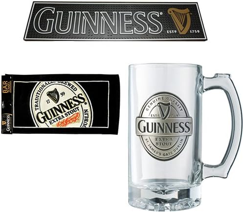 Guinness Barware Pack - PVC Bar Mat, English Label Bar Towel & Guinness Label Tankard Pewter Log