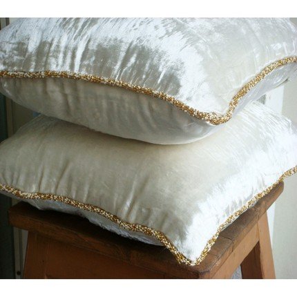White Shimmer - 24x24 Inches Large Throw Pillow Covers - Velvet Pillow Cover with Handmade Beaded Border