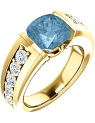 10K Yellow Gold 8.00x8.00mm Antique Cushion Cut Sky Blue Topaz and Diamond Ring -- LIFETIME WARRANTY