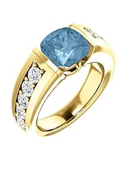 14K Yellow Gold 8.00x8.00mm Antique Cushion Cut Sky Blue Topaz and Diamond Ring -- LIFETIME WARRANTY