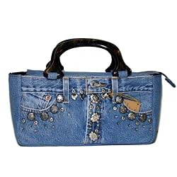 Blue Denim Hand Embroidered Purse With Handles Made from Vintage Denim