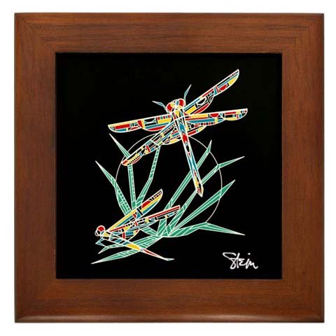 Wright's Dragonfly :: Modern Stained Glass Inspired Design :: Framed Fine Art Ceramic Tile By Kristen Stein