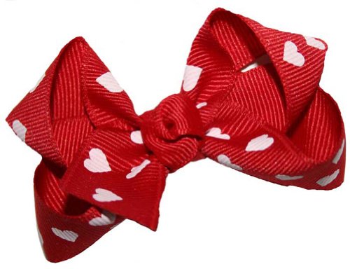 Baby Size Heart GrosGrain Tied Bow ~ Red w/ White Hearts