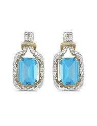 Birthstone Company 14k Yellow Gold Emerald-cut Blue Topaz And Diamond Earrings