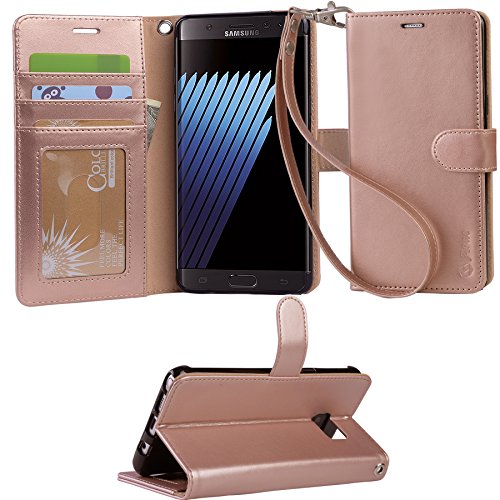Arae Samsung Galaxy note 7 wallet case with Kickstand and Flip cover, Rose Gold