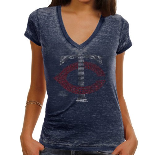 Touch by Alyssa Milano Minnesota Twins Ladies Fade Route Premium Burnout Low V-Neck T-Shirt - Navy Blue (Small)