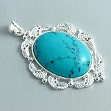 Silver Plated Turquoise Pendant with Leaves - Ladies Necklace Charm with December Birthstone