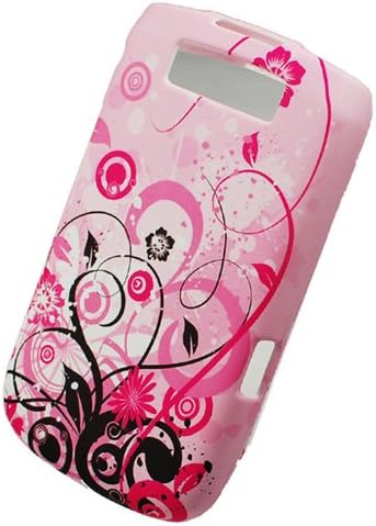 Pink Flower Black Vine Design Rubberized Snap on Hard Cover Protector Faceplate Cell Phone Case for Blackberry Torch 9800 Smartphone + Premium LCD Screen Guard Film