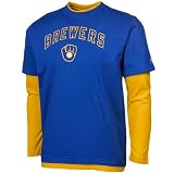 MLB Majestic Milwaukee Brewers Youth Layered Long Sleeve T-Shirt - Royal Blue (Medium)