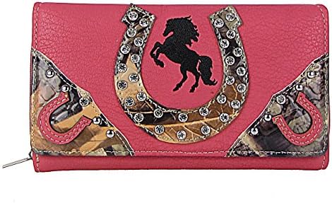 HOT PINK HORSESHOE WESTERN STUDDED MOSSY CAMO LOOK CHECKBOOK TRIFOLD WALLET