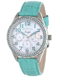 Invicta Womens 12604 Angel White Mother-Of-Pearl Dial Crystal Accented Turquoise Leather Band Watch