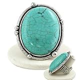 Burnished Silvertone Oval Imitation Turquoise Stretch Ring