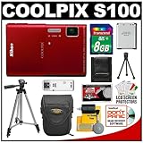 Nikon Coolpix S100 Digital Camera (Red) with 8GB Card + Battery + Tripod +  ....