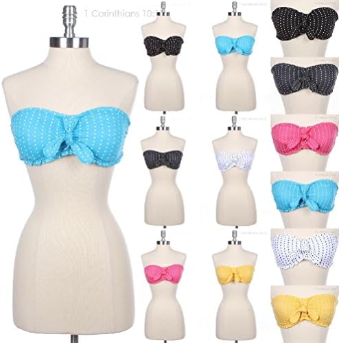 CSG Polka Dots Print Ruched Bikini Padded Bra Top Front Tie Cotton Span Cute