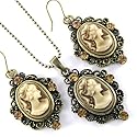 Classic Brown Cameo Necklace Antique Vintage 2-piece Cameo Jewelry Set Pendant Charm Dangle Earrings