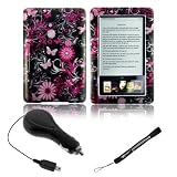 Crystal Case Pink Flower Ultimate Design Slim Premium Durable Hard Case Edition For Barnes and Noble Nook E-Reader + Includes a 4-Inch eBigvalue Determination Hand Strap + Includes a Travel Micro USB Retractable Auto Car Charger for Nook