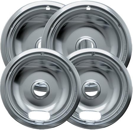 Range Kleen 4-Piece Drip Bowl, Style A fits Plug-in Electric Ranges Amana, Crosley, Frigidaire, Kenmore", Maytag, Whirlpool, Chrome | Chrome reflector drip pans