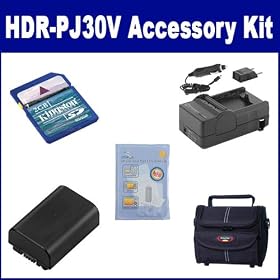 Sony HDR-PJ30V Camcorder Accessory Kit includes: SDM-109 Charger, KSD2GB Memory Card, ST80 Case, ZELCKSG Care & Cleaning, SDNPFV50NEW Battery