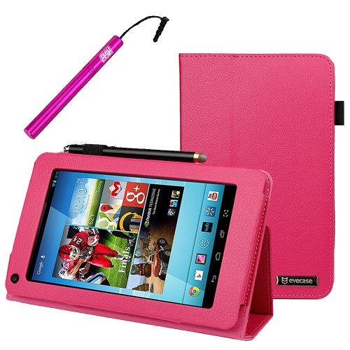 BIRUGEAR Hot Pink SlimBook Leather HandStrap Folio Stand Case with Stylus for Hisense Sero 7 LT (Lite) - 7'' Android Tablet