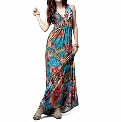 Feathers General Print Polyester/Spandex Empire   Waistline Maxi Dress 