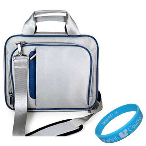 Silver and Blue Pinn Shoulder Bag Carry Case for HP Touchpad (9.4 X 0.6 X 7.5) 10.1-inch Tablet + SumacLife TM Wisdom*Courage Wristband