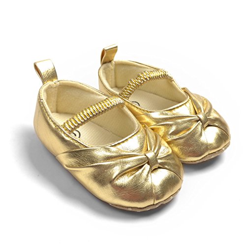LIVEBOX Infant Baby Girls' Premium Soft Sole Mary Jane with Bow Prewalker Toddler Shoes(M: 6~12 months,Golden)