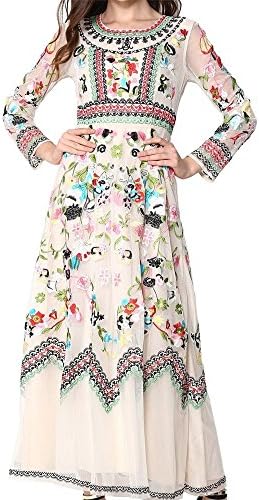 Elisen® Full Sleeve Women Long White Embroidered with Flower Mesh Dress (X-Large)