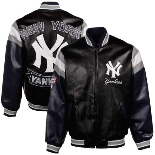 New York Yankees Black Pleather Varsity Full Zip Jacket (XXXX-Large)