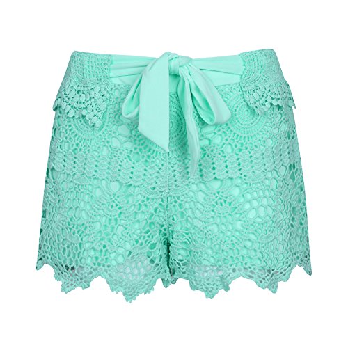 Womens New Sexy Elastic Openwork Celeb Lace Crochet Bow Shorts Mira Hot Pants (L, Green1)