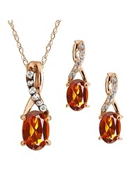 1.31 Ct Oval Orange Red Madeira Citrine Gold Plated Silver Pendant Earrings Set