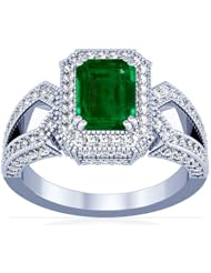 18K White Gold Emerald Cut Emerald Ring With Sidestones
