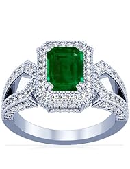 14K White Gold Emerald Cut Emerald Ring With Sidestones