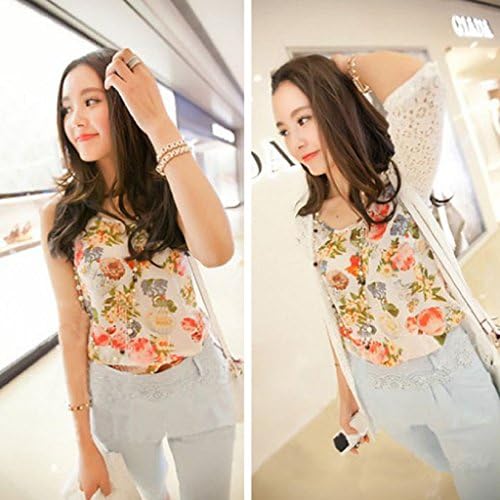 Kingfansion 1PC Women Chiffon Sleeveless Flower Blouse Vest Tank Tops (White)